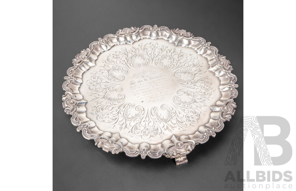 Ornate Victorian Sterling Silver Presentation Salver, Samuel Hayne & Dudley Cater, London 1853 - Presented to W.H. Downey, Queanbeyan 1858
