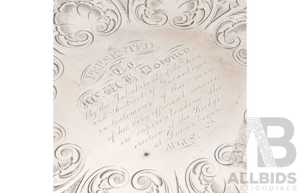 Ornate Victorian Sterling Silver Presentation Salver, Samuel Hayne & Dudley Cater, London 1853 - Presented to W.H. Downey, Queanbeyan 1858