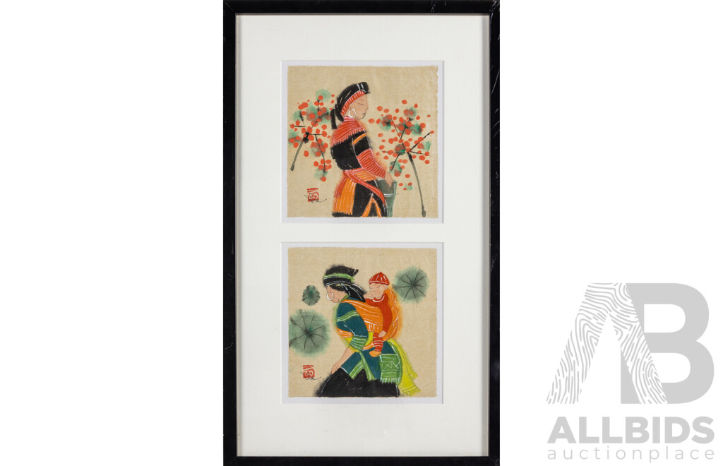 Artist Unknown, (20th Century, Vietnamese), Picking Blossoms & Mother with Child, Original Pair of Pencil, Ink & Watercolour on Rice Paper Panels, 57H x 34W cm (frame)