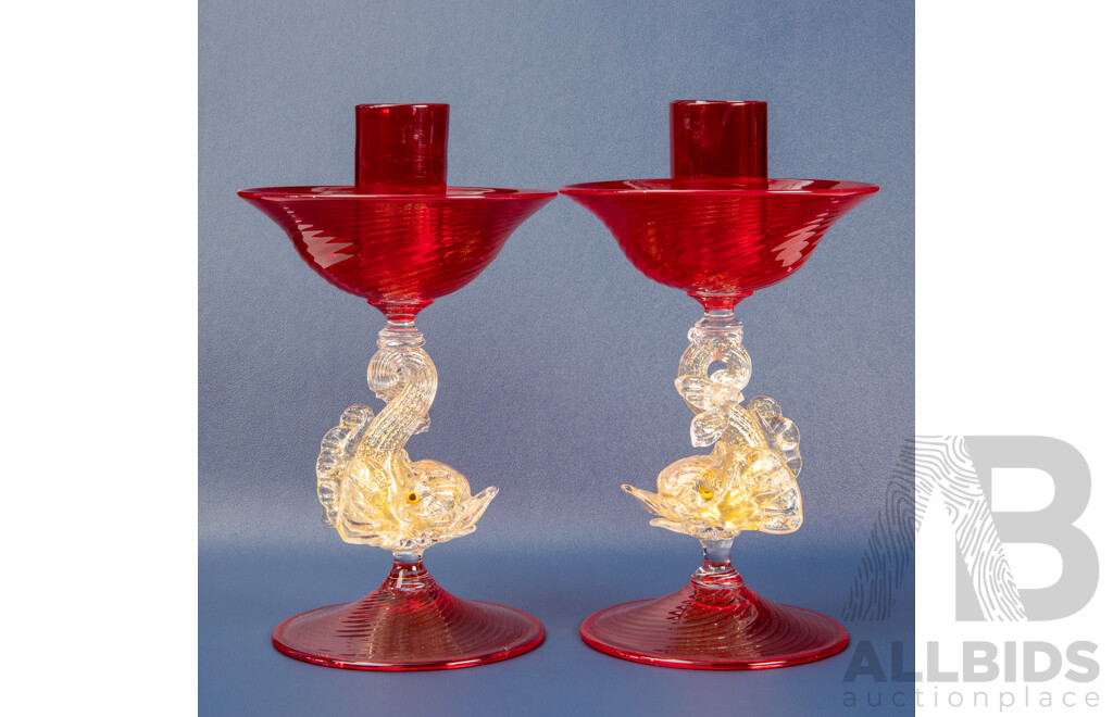 Pair of Murano Glass Dragon Fish Form Candle Sticks