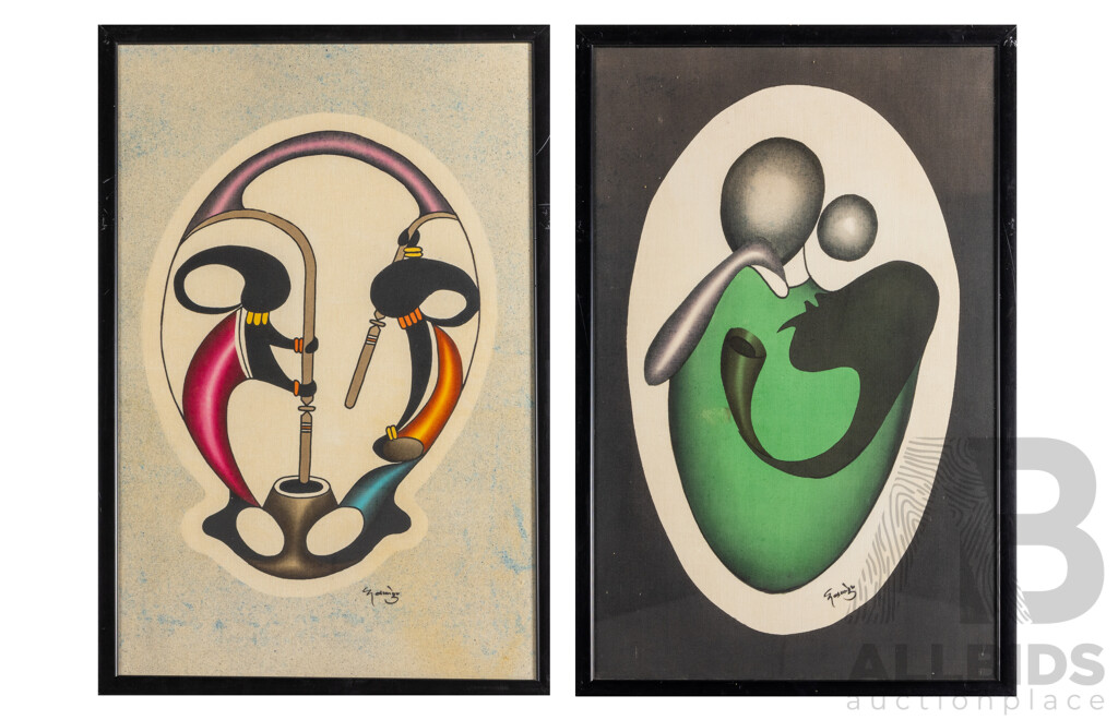 Signed Indistinctly (20th Century, African, C1970s), Cradle of Unity in Green & Sustenance & Song (1970s), Abstract Batik on Cloth Panel, 69H X 45W Cm (frame) (2)