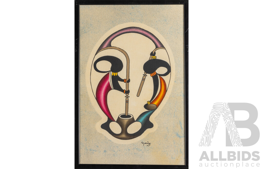 Signed Indistinctly (20th Century, African, C1970s), Cradle of Unity in Green & Sustenance & Song (1970s), Abstract Batik on Cloth Panel, 69H X 45W Cm (frame) (2)