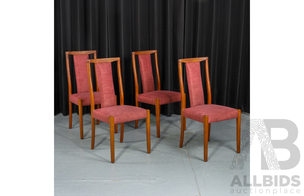 Set of Four T-Back Teak Dining Chairs with Upholstered Seats