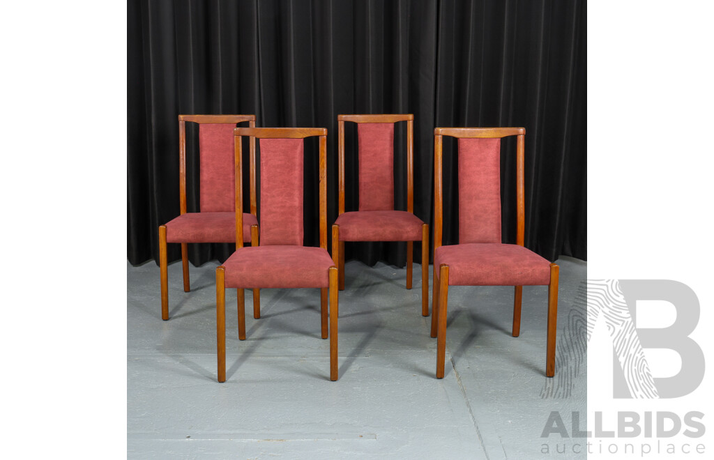 Set of Four T-Back Teak Dining Chairs with Upholstered Seats