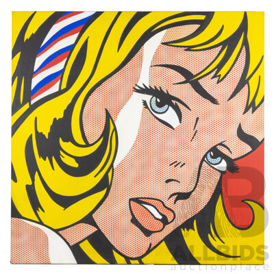 After Roy Lichtenstein, (20th Century, American, 1923-1997), Girl with Hair Ribbon, Reproduction Colour Offset Print on Canvas After 1965 Original, 100 x 100 cm