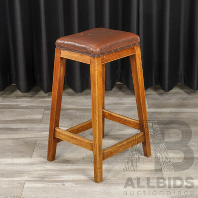 Vintage Oak Leather Top Stool