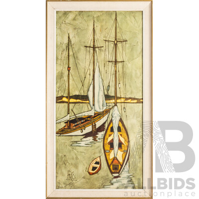 ARCO, (20th Century), White Sail, (1960s), Wonderful Original Mid Century Reproduction Print on Masonite, 89H x 48W cm (frame)