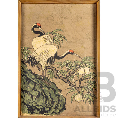 Artist Unknown, (20th Century, Taiwanese), Cranes and Peaches, Original Vintage Batik, Handmade Dyes on Cotton Cloth Panel, 83H x 56W cm (frame)