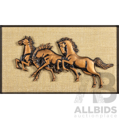 Artist Unknown (20th Century), Galloping Trio of Horse, Mid Century Copper-Style Horses on Textile Backboard, 43H x 73W cm (frame)