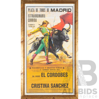 Arturo Ballester, (20th Century, Spanish, 1892-1981), Vintage 1990s Advertising Poster for Bullfight Between Sanchez & Cordobes, 105H x 61W cm (frame)