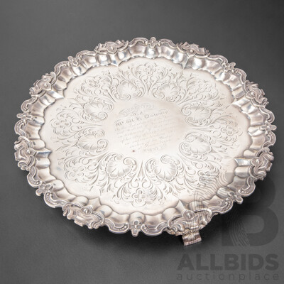 Ornate Victorian Sterling Silver Presentation Salver, Samuel Hayne & Dudley Cater, London 1853 - Presented to W.H. Downey, Queanbeyan 1858