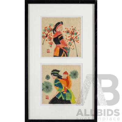 Artist Unknown, (20th Century, Vietnamese), Picking Blossoms & Mother with Child, Original Pair of Pencil, Ink & Watercolour on Rice Paper Panels, 57H x 34W cm (frame)