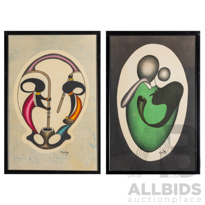 Signed Indistinctly (20th Century, African, C1970s), Cradle of Unity in Green & Sustenance & Song (1970s), Abstract Batik on Cloth Panel, 69H X 45W Cm (frame) (2)