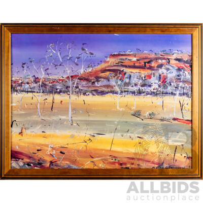 Matthew Perceval (20th Century, Australian, 1945-), Outback Landscape (1984), Reproduction Print on Board After Original Oil on Canvas, 75H x 97W cm (frame)