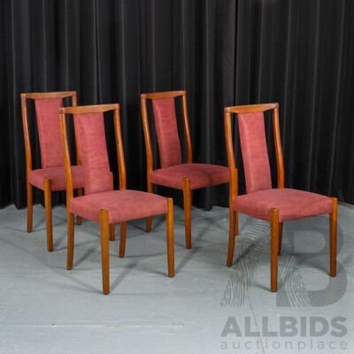 Set of Four T-Back Teak Dining Chairs with Upholstered Seats