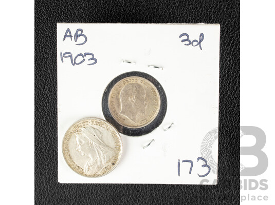 United Kingdom QV 1901 Silver Sixpence and KEVII 1903 Silver Threepence .925
