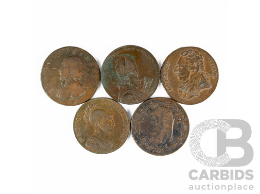 Five United Kingdom Merchant Tokens Including 1788 Anglesey Mines, 1791 Portsmouth/W.Taylor, 1793 Leeds Halfpenny, 1790 -1795 Duke of York, 1799 Warwickshire