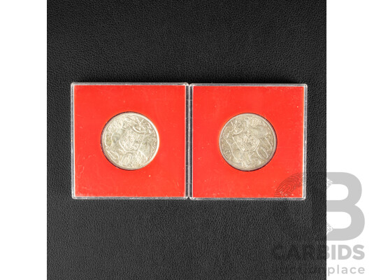 Two Australian 1966 Encased Round Silver Fifty Cent Coins .800