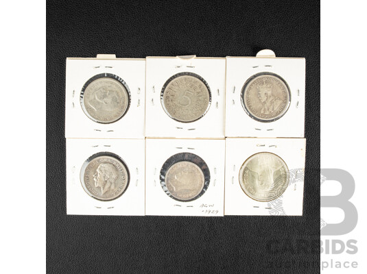 Six Silver Coins Including Australian 1927 and 1946 Florins, United Kingdom 1936 Florin, Germany 1967 Five Deutschmark, Switzerland 1967 Five Francs, Sweden 1940 One Krona
