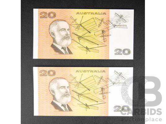 Two Australian 1979 Twenty Dollar Notes, Knight/Stone R407a, Consecutive VCJ 087906 - VCJ 087907