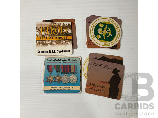 Antique Badges Including Australia Day 1916, 1917, WW1, Pearl Harbour Pictorial Book and News Paper Reproduction with Vintage War Related Coasters