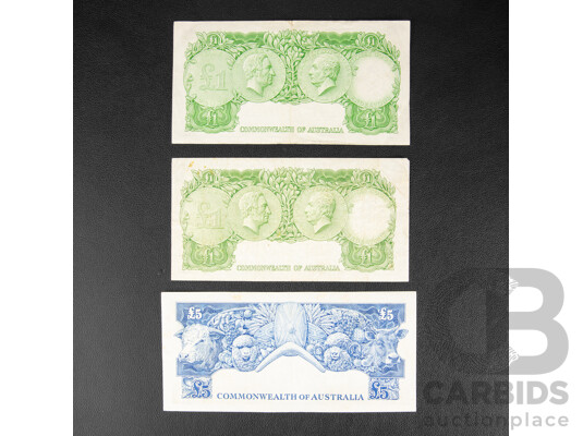 Three Australian Banknotes Including 1953 and 1961 One Pound Notes, R33, R34, Coombs/Wilson, 1960 Five Pound Note, Coombs/Wilson R50