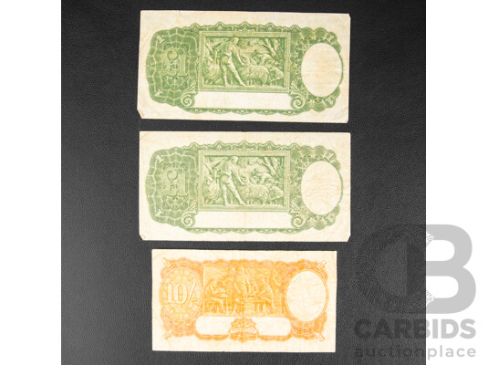 Three Australian Banknotes Including Two One Pound Notes, 1949 R31 Coombs/Watt and 1952 R32 Coombs/Wilson, 1949 Ten Shillings R14, Coombs/Watt