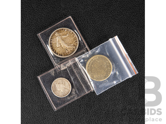 Australian 2013 Two Dollar Coin, QE2 Coronation with France 1916 Silver One Franc, India 1901 Silver Two Annas