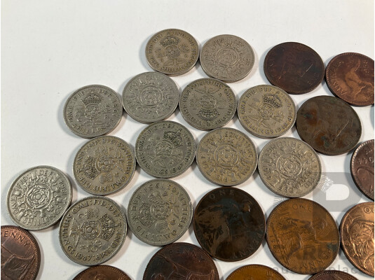 Collection of United Kingdom Coins Including Thirteen Two Shillings, Eighteen Pennies, 1949 Crown, Thirteen Australian Pennies