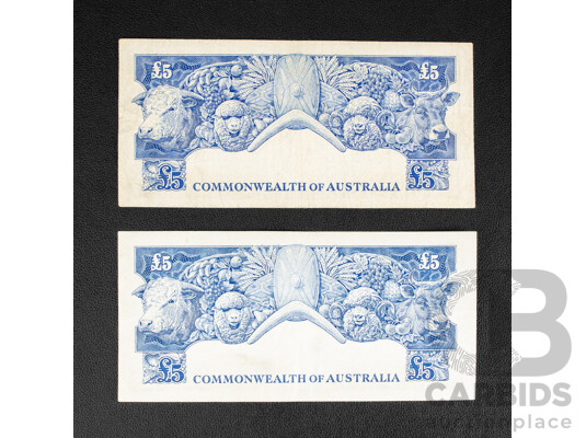 Two Australian Five Pound Notes, 1954 Coombs/Wilson R49, 1960 Coombs/Wilson R50