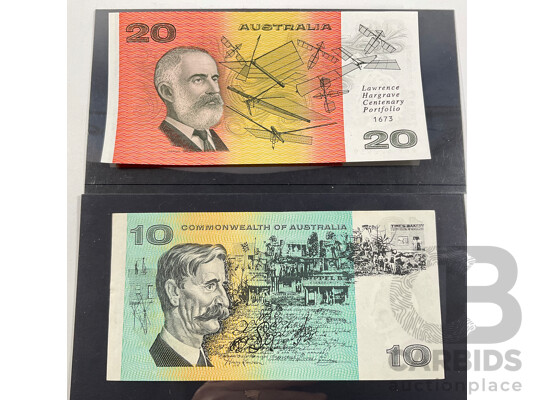 Australian 1993 UNC Twenty Dollar Note Fraser/Evans, Last Prefix ADK622939, Stamped Lawrence Hargrave Centenary Portfolio and 1968 Ten Dollar Note, Phillips/Randall