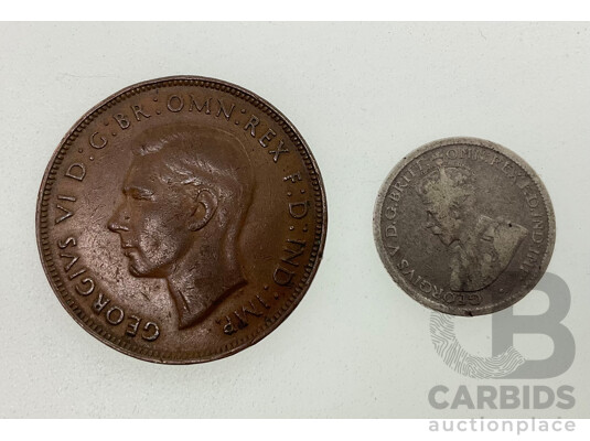 Australian 1946 KGVI Penny with 1918M Silver Sixpence