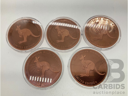 Five Australian 2026 Copper Wildlife Coins Including Quokka, Kangaroo, Koala, Wedge-Tailed Eagle, Kookaburra