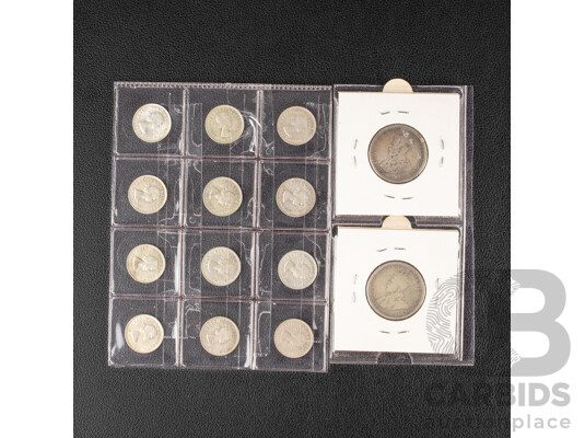 Australian 1911 and 1912 KGV Silver Shillings with Twelve QE2 Silver Threepence, Consecutive 1953 to 1964