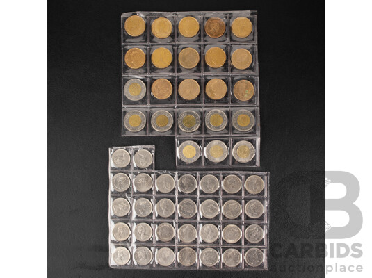 Collection of Canadian Coins Including Fourteen Loonie Dollars, Nine Bimetallic Two Dollars, Thirty Quarters