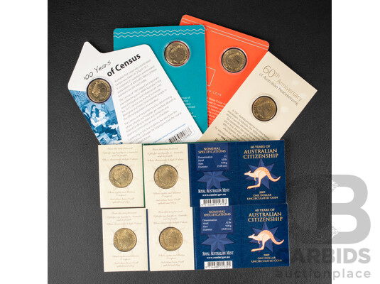 Eight Australian RAM UNC One Dollar Coins Including Two 2019 Mutiny and Rebellion, Five 2007 60th Anniversary of Peacekeeping, S, M, C, B Mint Marks, 2011 One Hundred Years of Census