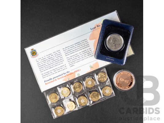 Ten Australian 2022 Two Dollar Coins, Frontline Workers, Red Metal Bullion One Ounce Copper Medallion, Remembrance, Laminated RSL 2012 Red Poppy Donation Certificate, Canada 1975 One Dollar Proof Coin