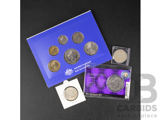 Two Australian Silver Florins, 1954 Royal Visit and 1963, 2020 Six UNC Coin Set, New Effigy Era, 2012 UNC Fifty Cent, QE2 Diamond Jubilee