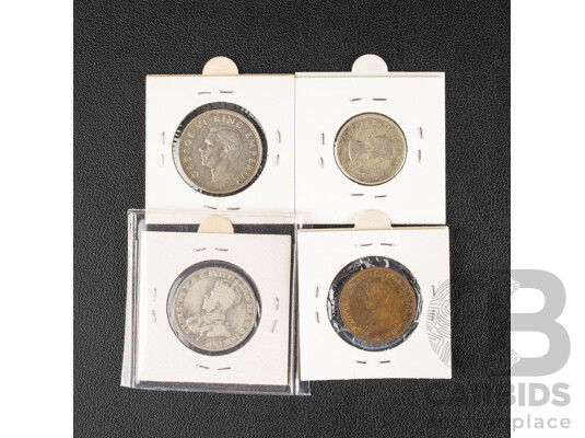 Australian 1914H KGV Silver Florin, 1915H KGV Half Penny, Canada 1964 Twenty Five Cents, New Zealand 1941 Florin