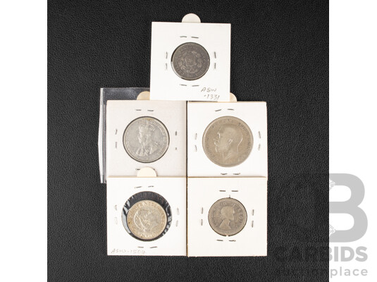 United Kingdom 1918 Silver Half Crown, British Malaysia 1920 Silver Fifty Cents, Netherlands 1957 Silver One Gulden, Chile 1873 Silver Twenty Centavos, South Africa 1956 Silver Shilling