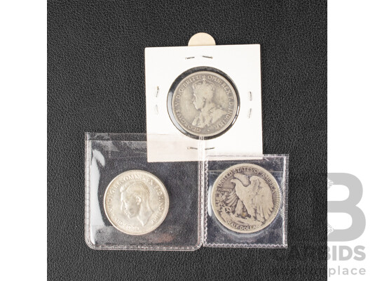 Australian 1933 KGV Silver Florin, 1944S Florin High Grade, USA 1918 Silver Walking Liberty Half Dollar