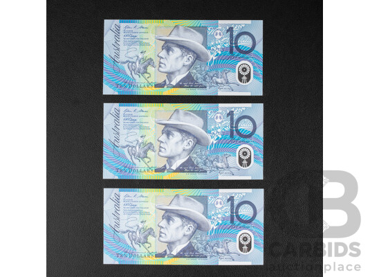 Three Australian 2008 Ten Dollar Notes, Stephens/Henry, Consecutive BA08598291 - BA08598293