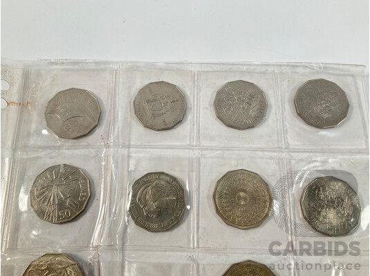 Collection of Australian Commemorative Fifty Cent Coins Including 1970 Captain Cook, 1977 Jubilee, 1981 Charles and Diana, 1988 Bicentennial, 2000 Millennium, 2002 Year of the Outback