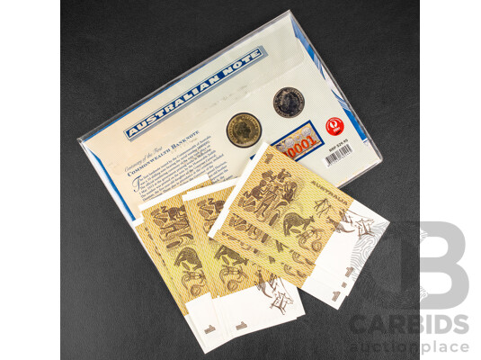 Ten Australian 1982 UNC One Dollar Notes, Johnston/Stone R78, Consecutive DJN 352456 - DJN 352465 and 2013 Centenary of the First Commonwealth Banknote Two Coin PNC