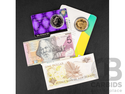 Australian 2001 UNC Five Dollar Note, 2012 Fifty Cent, Diamond Jubilee, 2022 Gold Plated Fifty Cent, Commonwealth Games, New Zealand QE2 One Dollar Note