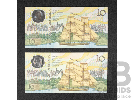 Two Australian 1988 UNC Ten Dollar Notes, Bicentennial Fraser/Evans R310b