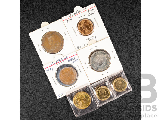 Australian 1914 Penny, 1931 Half Penny, Two 2025 Two Dollar Coins, Australian Open, 1984 UNC One Dollar Coin, 2001 UNC Twenty Cent, Federation Norfolk Island, 1990 UNC Two Cent