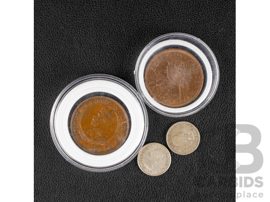 Australian 1927 KGV Penny, New Zealand 1964 QE2 Penny, Two Canadian 1961 and 1963 Silver Ten Cents