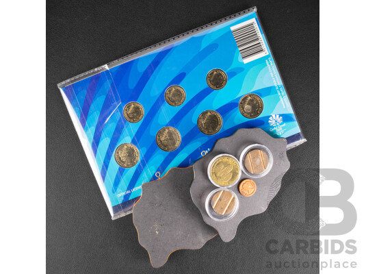 Australian RAM 2018 Seven Coin Collection, XXI Commonwealth Games, Two Fiji Souvenir Coin and Stamp Sets, Two Vintage Italian Phone Tokens, New Zealand Tourist Dollar, Australian School One Cent