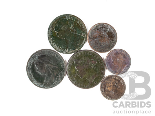 Collection of Antique Great Britain Coins Including 1867, 1897 QV Pennies, 1799 KGIII, 1881, 1901 QV, Farthings Jersey 1877 QV Twelfth of a Shilling